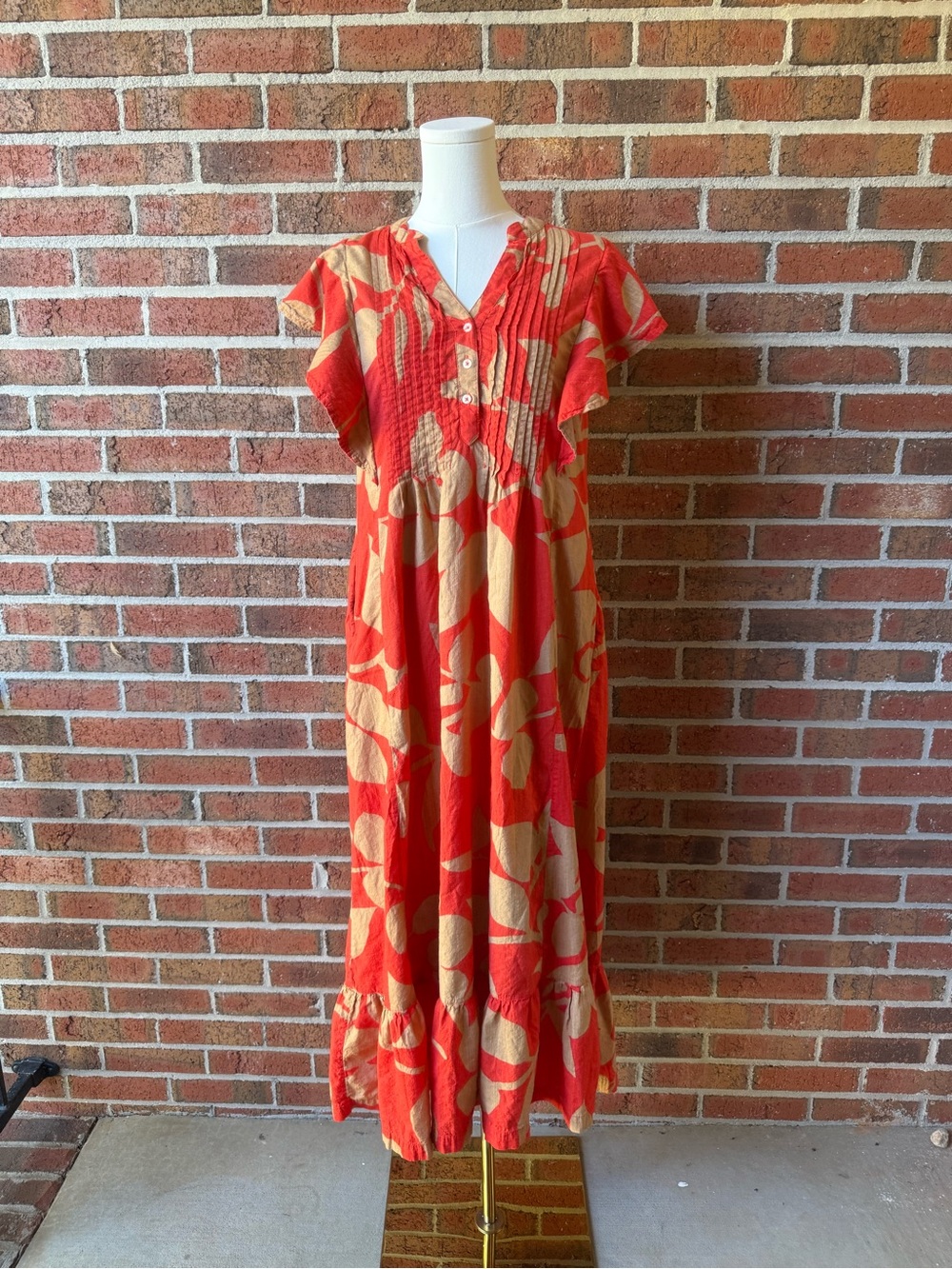 Anthropologie Red and Tan Floral Maxi Dress